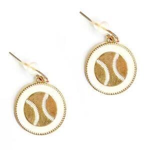 White Gold Enamel Round Baseball Dangle Earrings